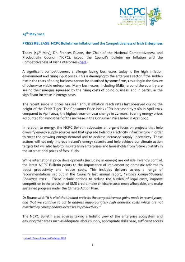 PRESS RELEASE: NCPC Bulletin on Inflation and the Competitiveness of Irish Enterprises