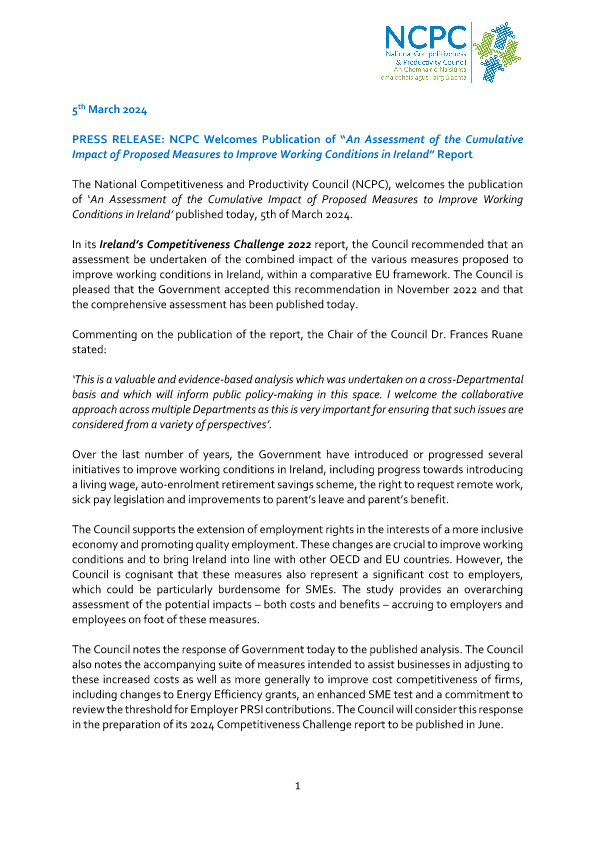 NCPC Welcomes Publication of “An Assessment of the Cumulative Impact of Proposed Measures to Improve Working Conditions in Ireland” Report