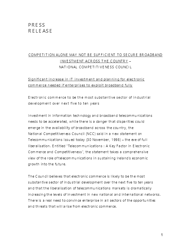 Press Release Statement on Telecommunications