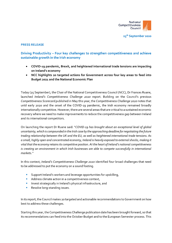 Press release Competitiveness Challenge 2020