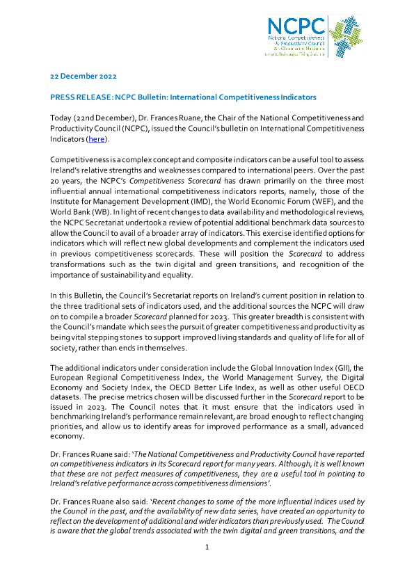 Press Release - Bulletin 22 - 5 International Competitiveness Indicators