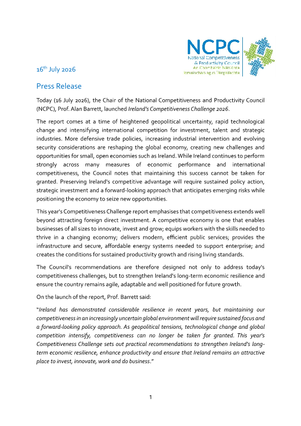 NCPC Press Release Irelands Competitiveness Challenge 2026